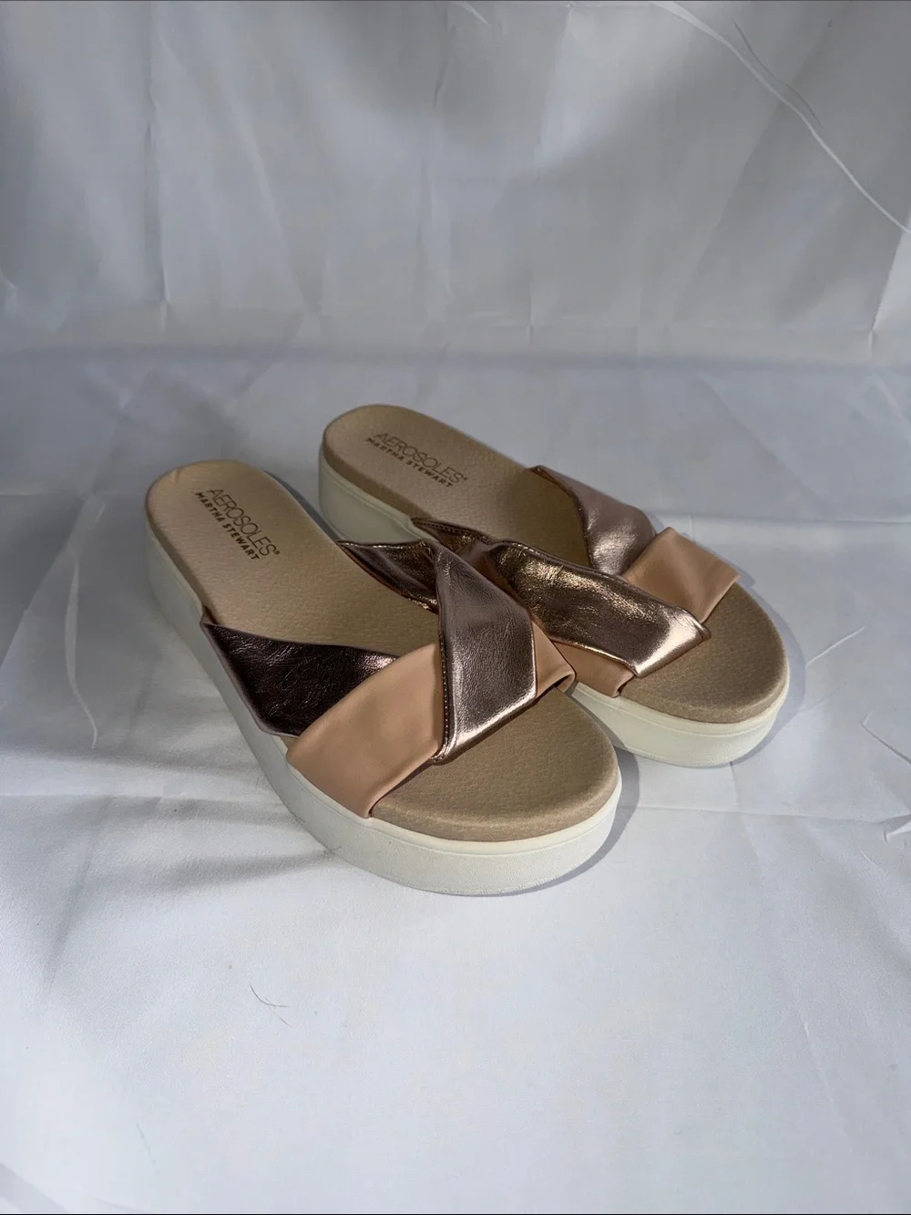 AEROSOLES Metallic Rose Gold and Blush Platform Slide Sandals